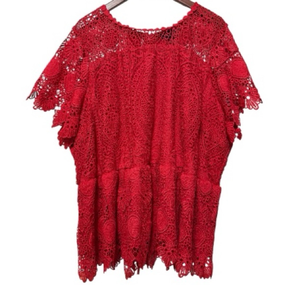 Lane Bryant Peplum Lace Crochet Blouse Womens Size 28 Red Holiday Romantic Tunic
